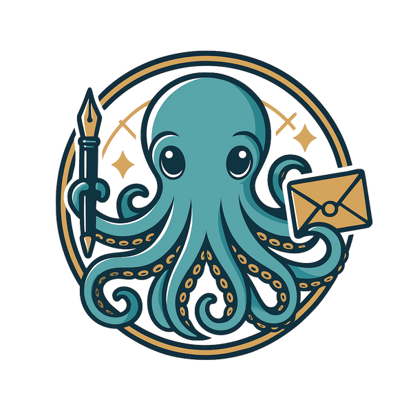 Illustration of an octopus with ten tentacles holding a quill and envelope in a circular design