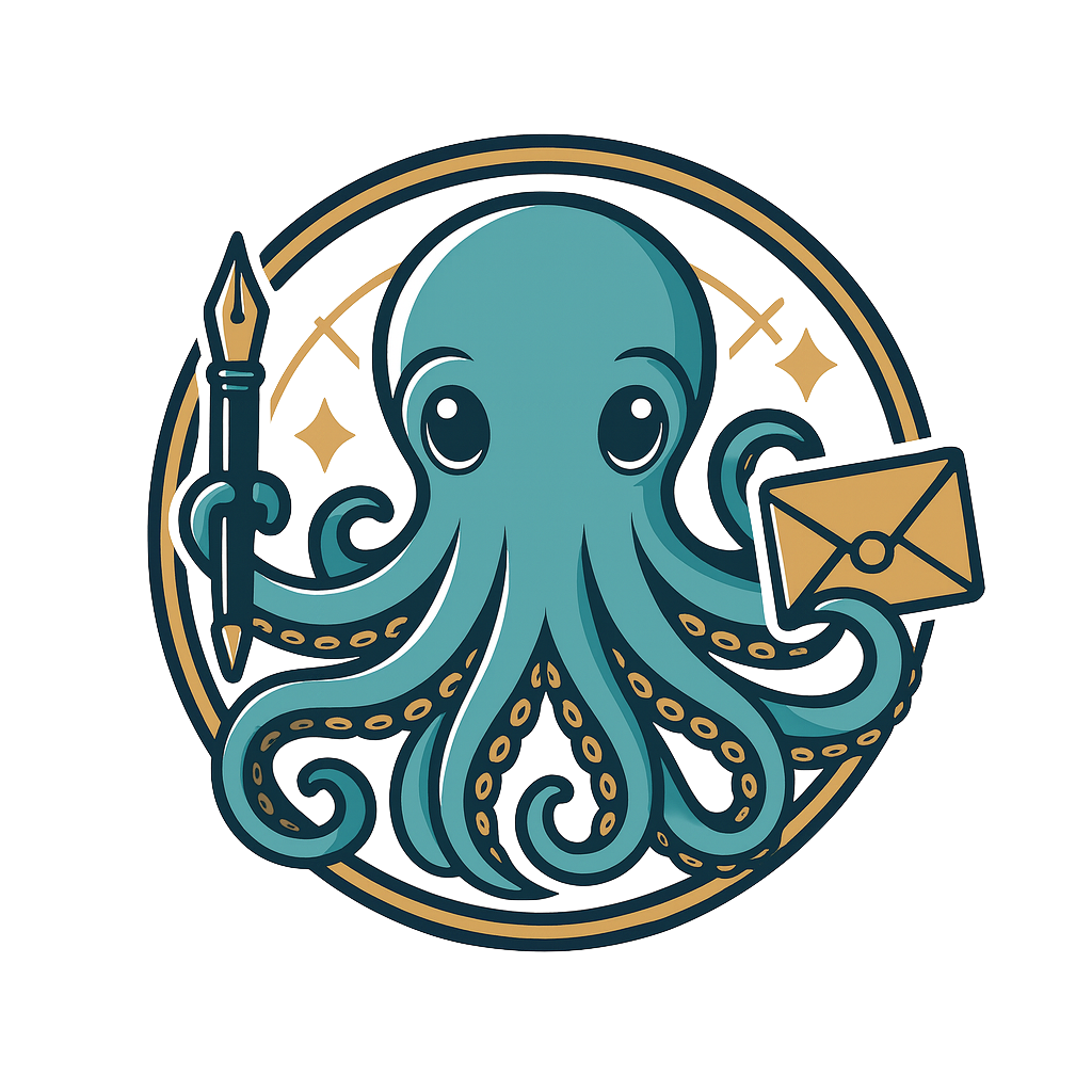 Illustration of an octopus with ten tentacles holding a quill and envelope in a circular design